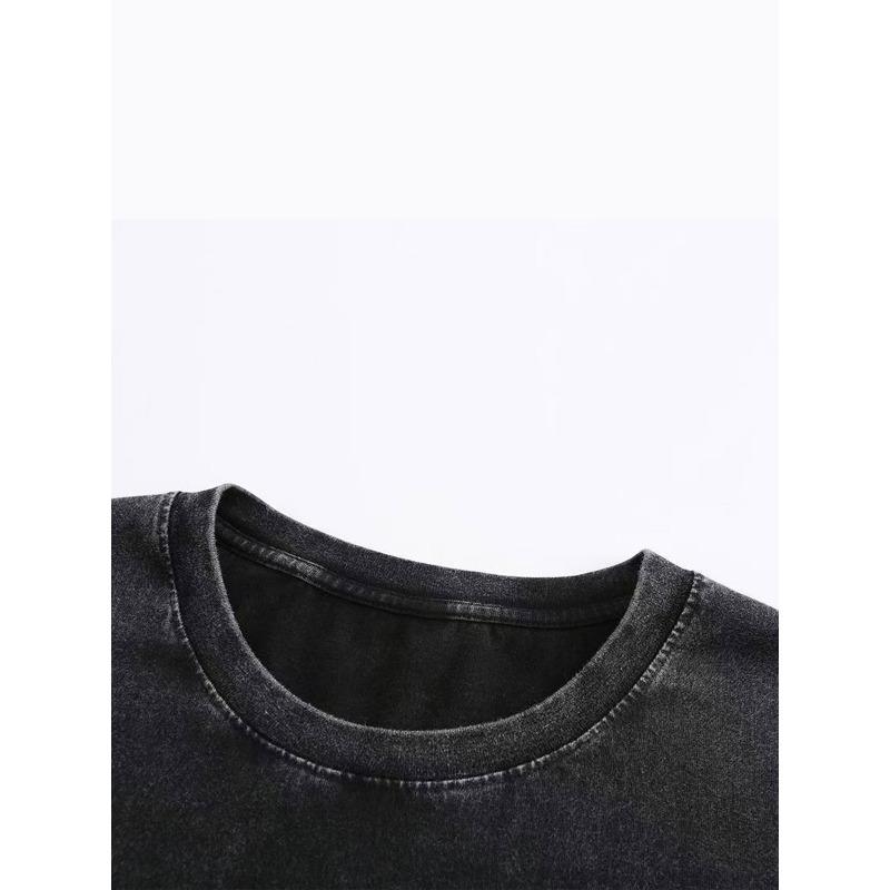 European Sizes Men's Vintage Washed T-Shirt  Thick Crew Neck Short Sleeve, Loose Fit Retro Streetwear Top with Washed