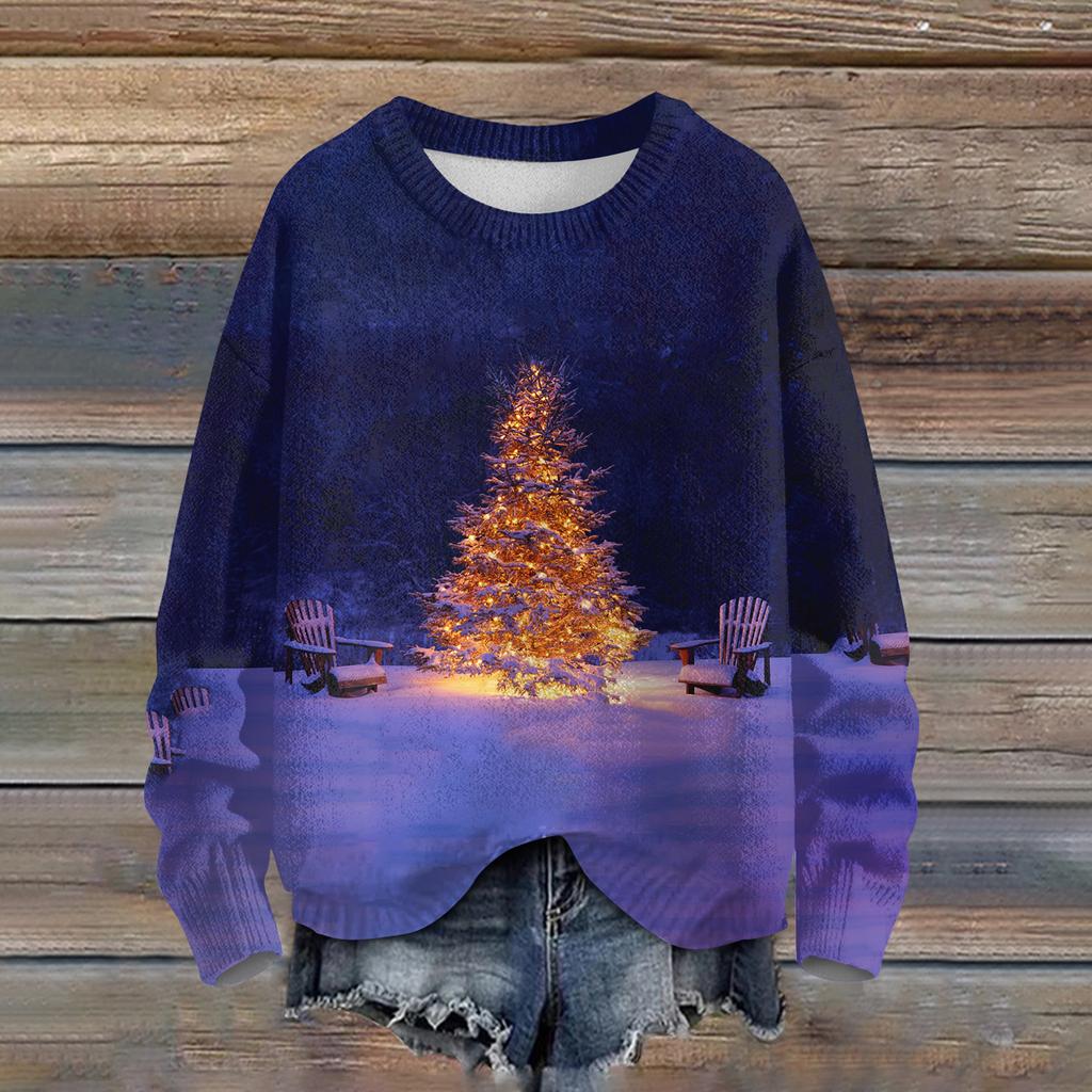 Ladies' Fashionable Casual Long Sleeved Beautiful Christmas Tree Print Round Neck Yarn Knitting