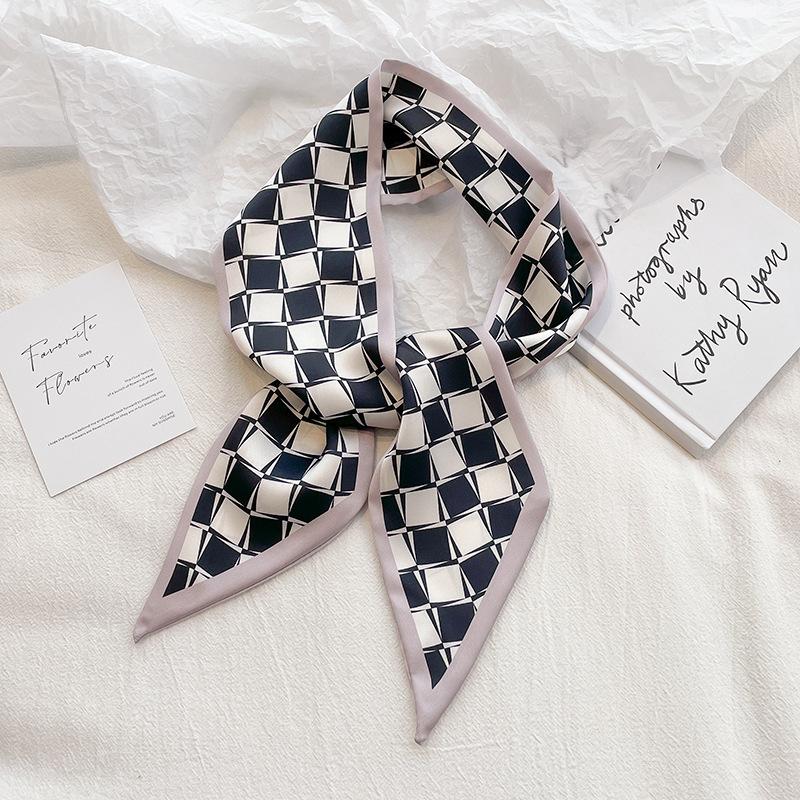 Japanese simple black plaid double-layer satin small scarf, neck protector, pointed corner long silk scarf, female streamer tied hair 98*9.5cm