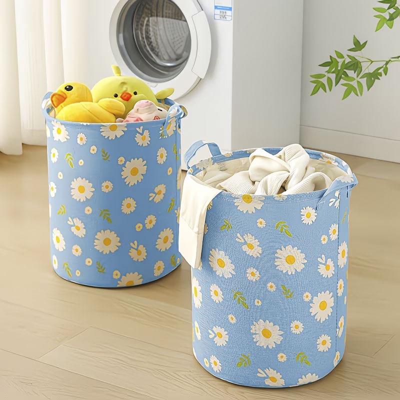 Light Blue Foldable Fabric Laundry Basket with Daisy Floral Design