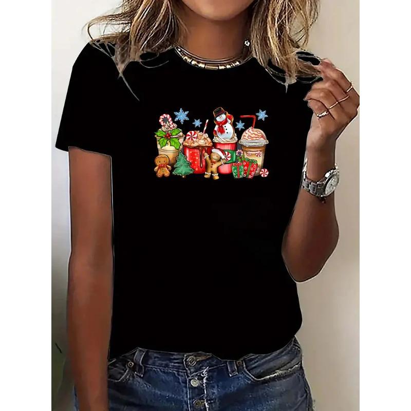 Summer Christmas Printed Women's Loose Casual Round Neck Pure Cotton Short Sleeved T-Shirts Women’s