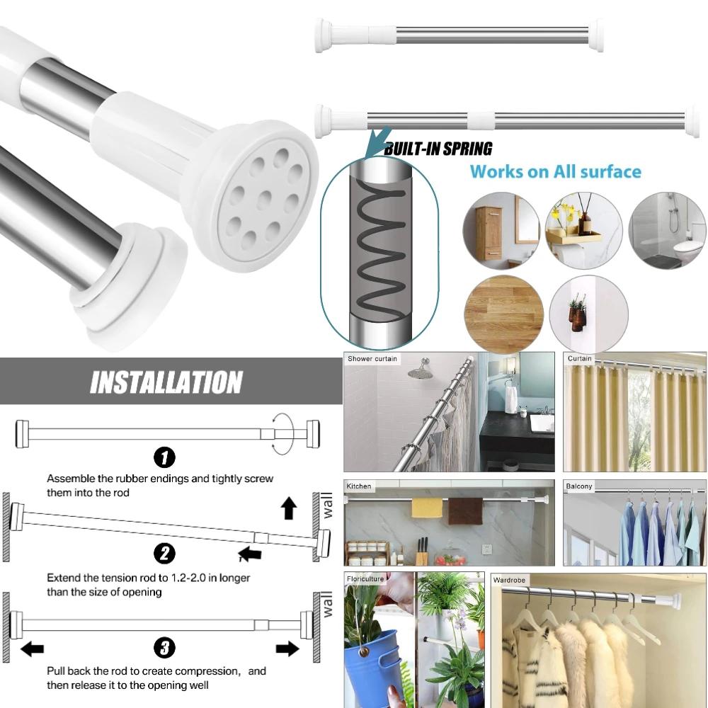 50-260CM Adjustable Curtain Rod No Drilling Telescopic Shower Curtain Pole for Balcony Bathroom Wardrobe Rod Clothes Drying Rack