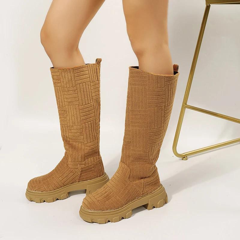 Fashion Plus Size 43 Women Platform Shoes Round Toe Slip-On Knee-high Boots Fashion Anti Slip Thick Sole Mid Heels Botas Mujer