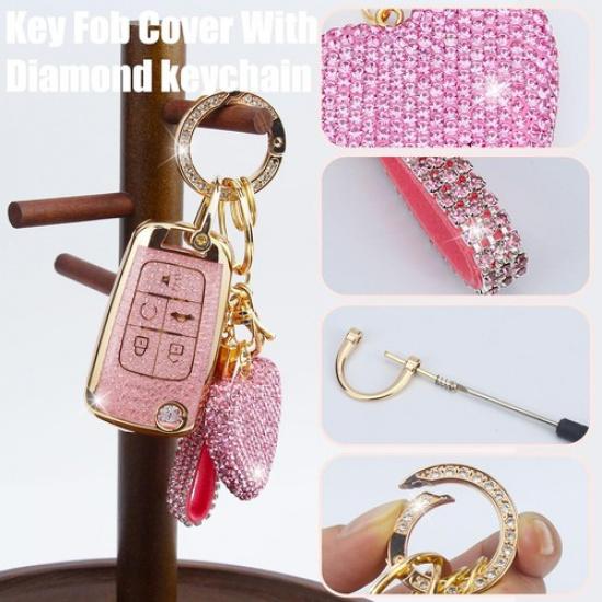 Cover with Diamond Keychain for Women, Car Key Holder Compatible-Pink-heart