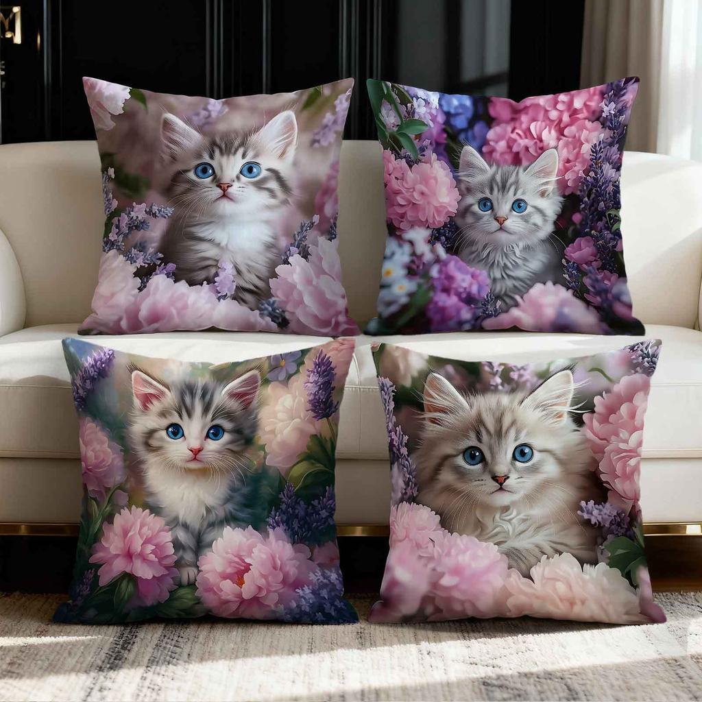4pcs Lavender kitten pattern digital printing pillow cover Short plush Suitable living rooms bedrooms sofas throw cushion cover