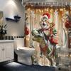 Christmas Cat Riding T-Rex Shower Curtain - Festive Polyester Bathroom Decor with Santa Hat, Snowflakes, and Holiday Lights