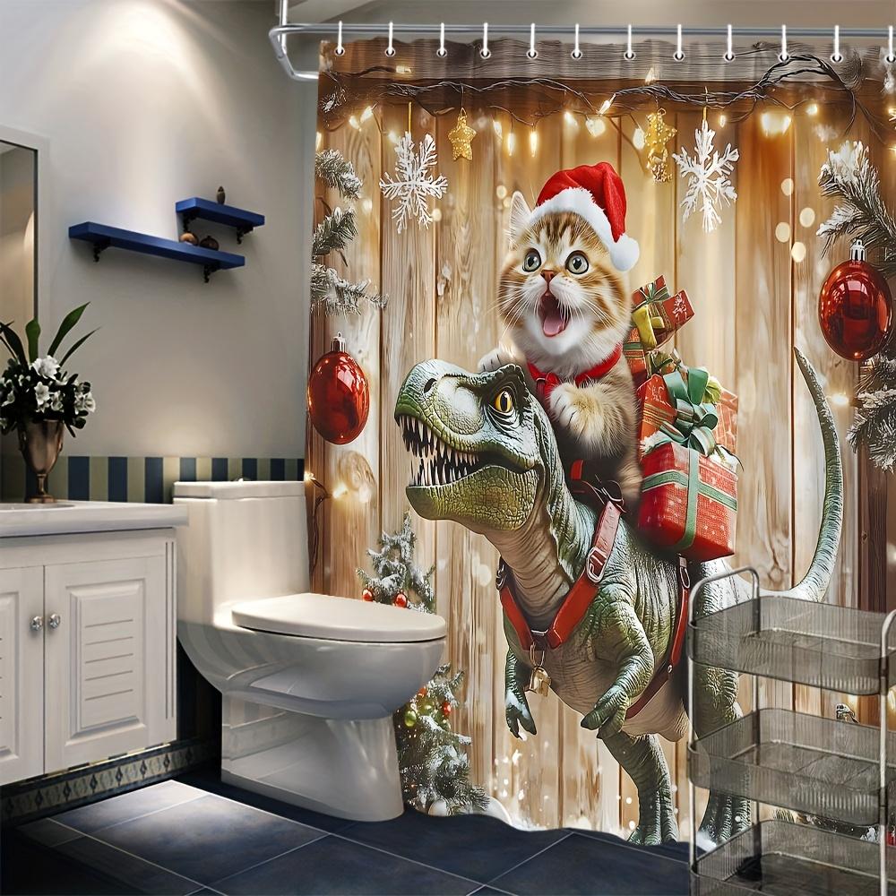 Christmas Cat Riding T-Rex Shower Curtain - Festive Polyester Bathroom Decor with Santa Hat, Snowflakes, and Holiday Lights