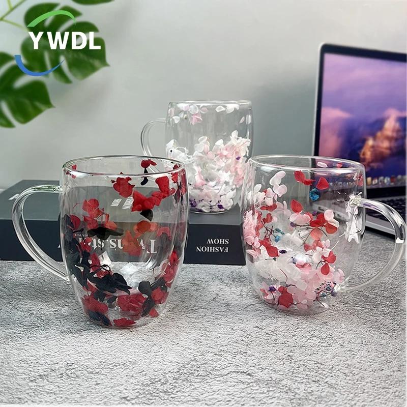 350 ml dobbelvegg kaffekrus med håndtak Klarmelkekopper Gaver Glasskoppfyll kunstig simulering Blomster tekopp