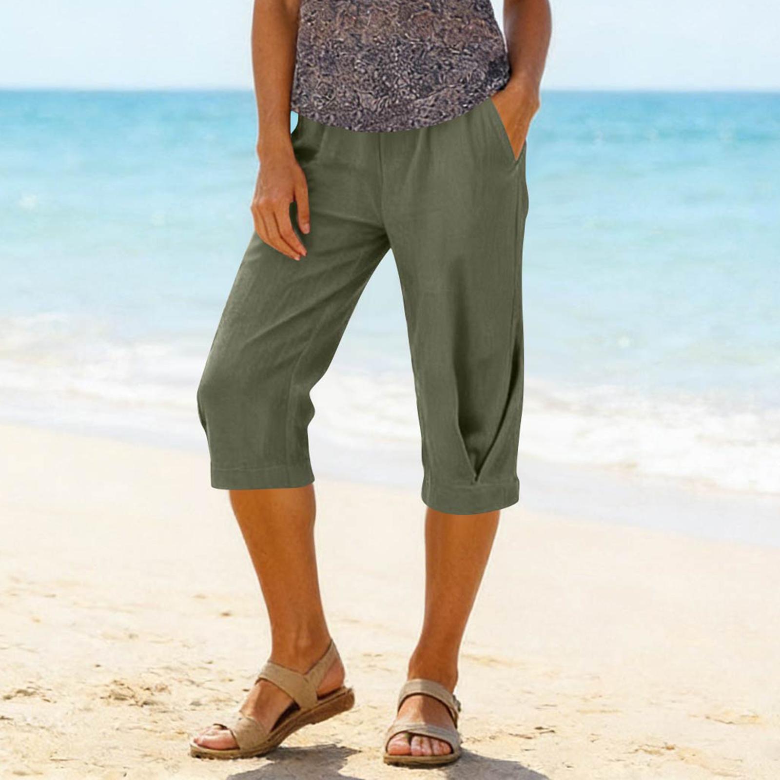 

Women s Fashionable And Casual Loose Color Pleated Design Cotton Linen Elastic Waist Cropped 7/10 Pants L армия зеленый