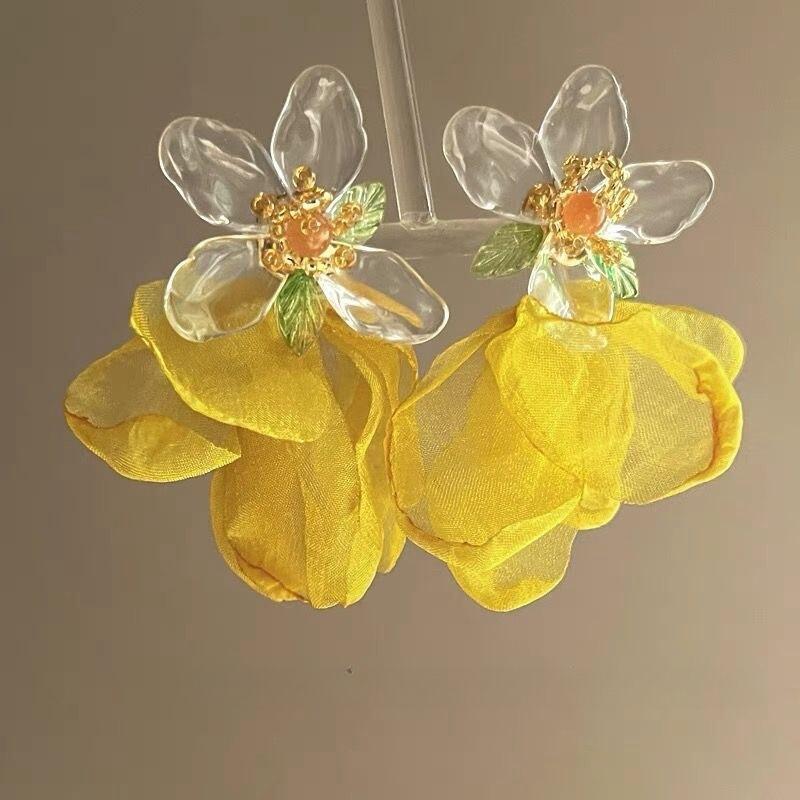 Cercei Vintage cu Ciucuri Lungi cu Flori Pentru Femei, Dulci, din Șifon, cu Temperament, Cercei Atârnători, Bijuterii pentru Petrecere, Nuntă, Plajă