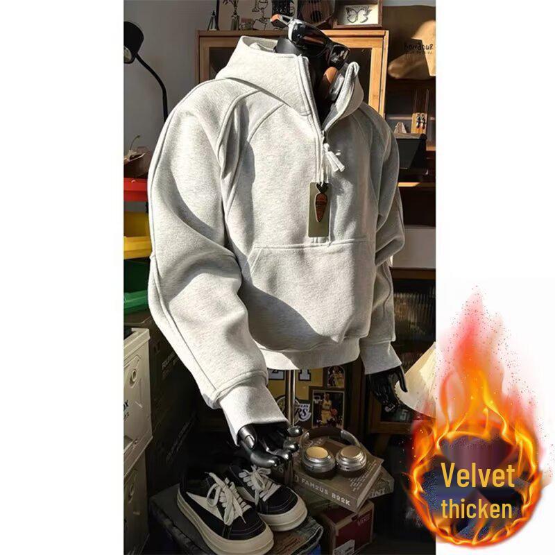 Men's Trendy Grey Half-Zip Stand Collar Hoodie: Deconstructed Design, Heavyweight American Style Sweatshirt
