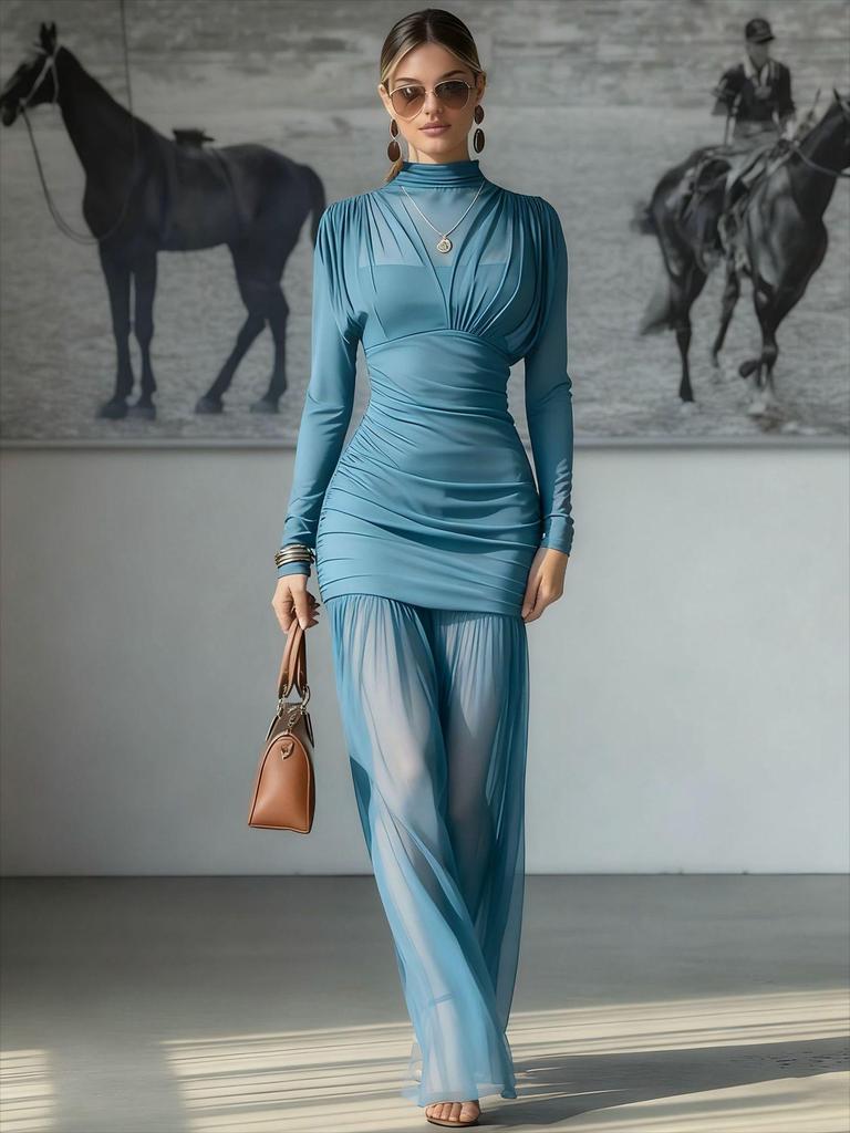 Autumn 2025 European & American Style Long Sleeve Slim Fit Patchwork Chiffon Dress