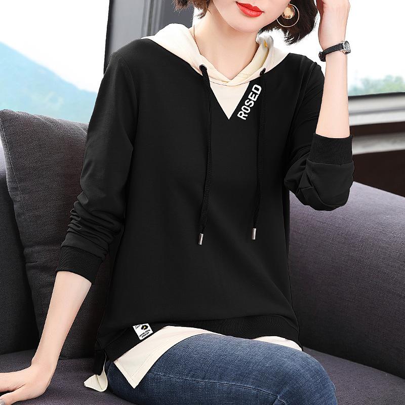 Camiseta de Algodón para Mujer Suéter Falso de Dos Piezas para Mujer Primavera y Otoño Camiseta de Algodón de Manga Larga para Mujer Top de Longitud Media Camiseta Base
