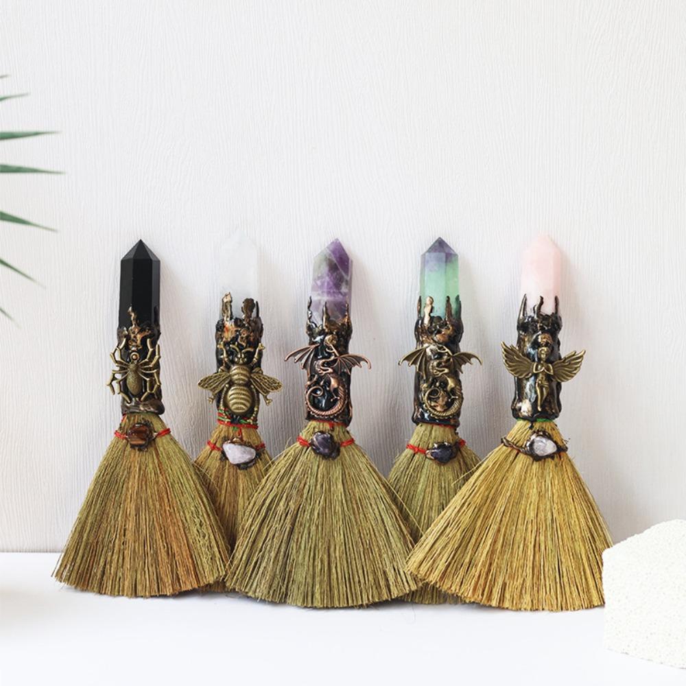 Handmade Witch Broom Ornaments Rough Stone Broom Craft Crystal Column Point Stone Broom Study