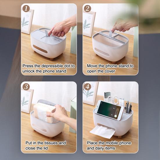 Tissue Box with Multiple Partitions for Remote Controls Watches Glasses Storage Slot Large Opening Design Desktop Organizer