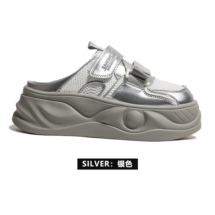 

thick-soled silver half-slippers women s 2025 new Velcro thick-soled summer outer wear lazy casual one-pedal bag head drag 40 серебряный