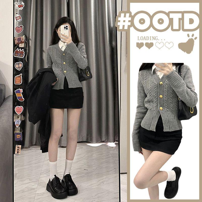 

Gray Cardigan Preppy Style Spring and Autumn V Neck Sweater Grey S