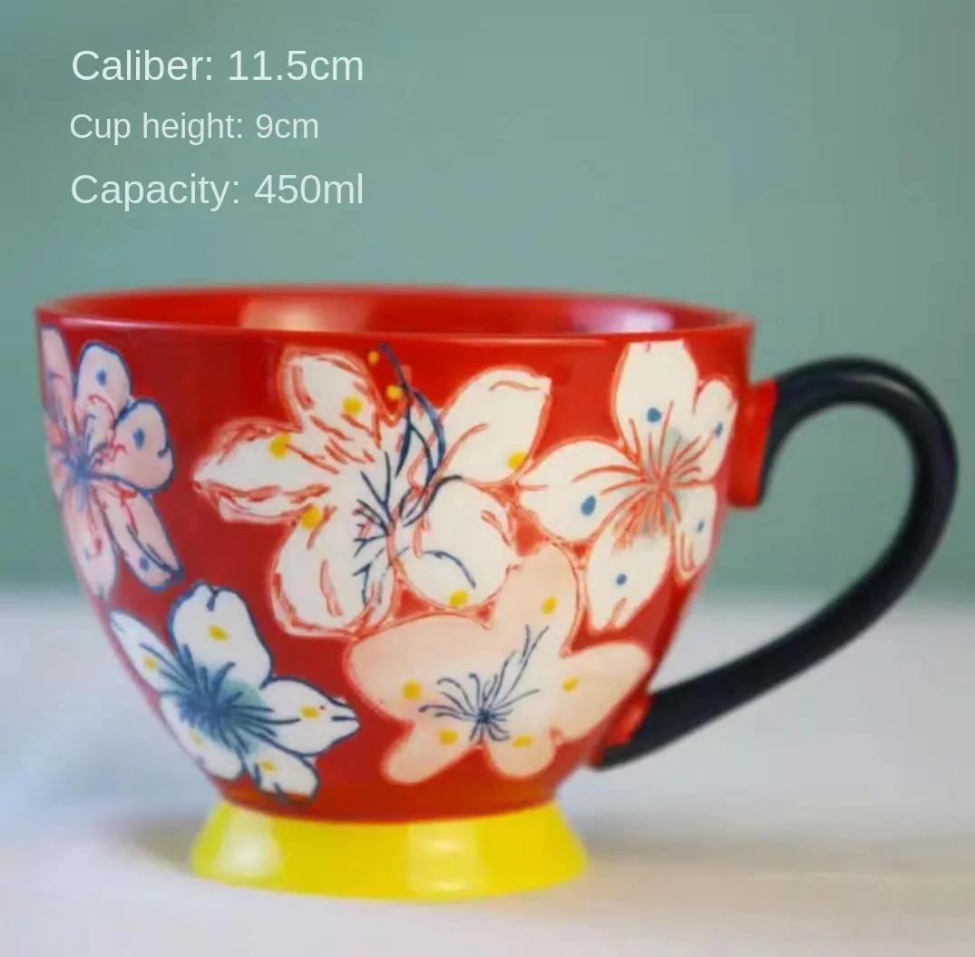 

Винтажная расписанная вручную кружка для завтрака Большая емкость для овсянки Необычная чашка для чая Кофе Персонализированные подарки Чашки Керамические кружки Бар 401-500ml красный