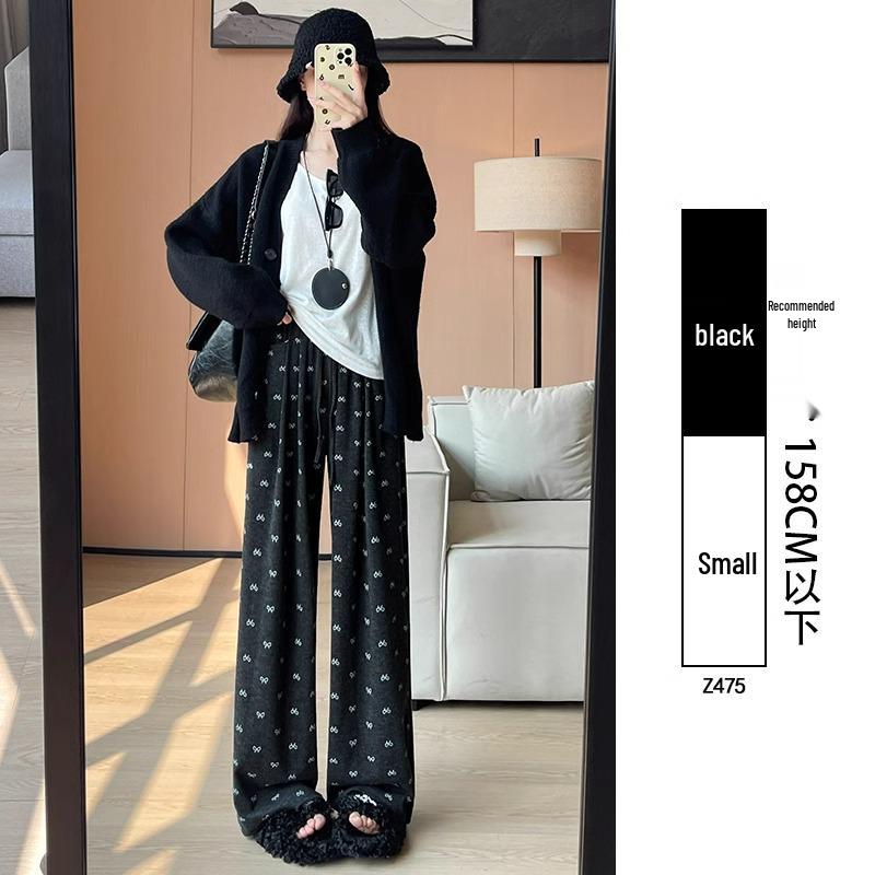 

Petite Bow Elastic Waist Glutinous Rice Pants: High-Waist, Loose, Wide-Leg Casual Pants for Spring/Autumn (Suitable for 150cm). XL (121-130 lbs)