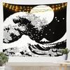 Japanese Crane Tapestry, Black Background with Red Sun, White Clouds and Sakura Print Wall Hanging for Bedroom,Living Room Decor