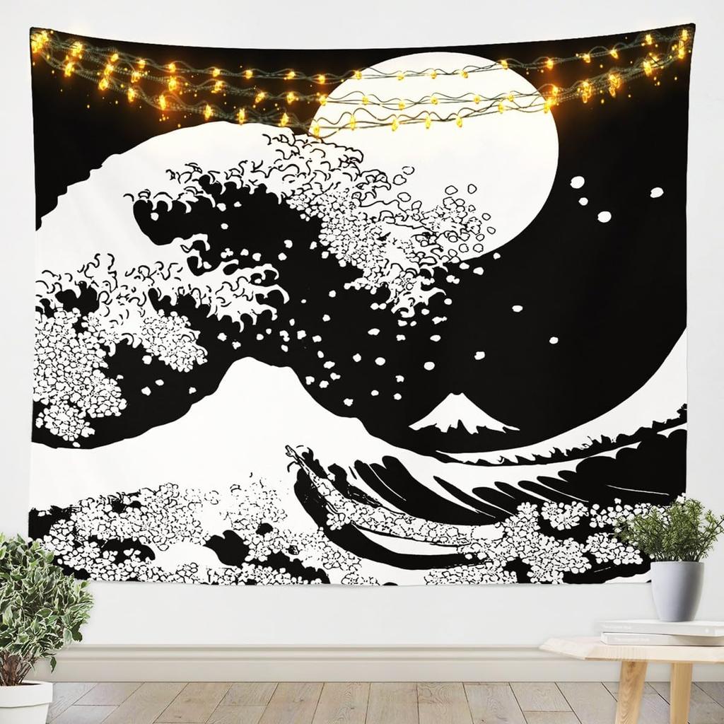 Japanese Crane Tapestry, Black Background with Red Sun, White Clouds and Sakura Print Wall Hanging for Bedroom,Living Room Decor