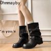 Winter Belt Buckle Women Pipe Ankle Cosy Soft Leather Ladies Concise Thick Heel Slim Short Booties De Mujer