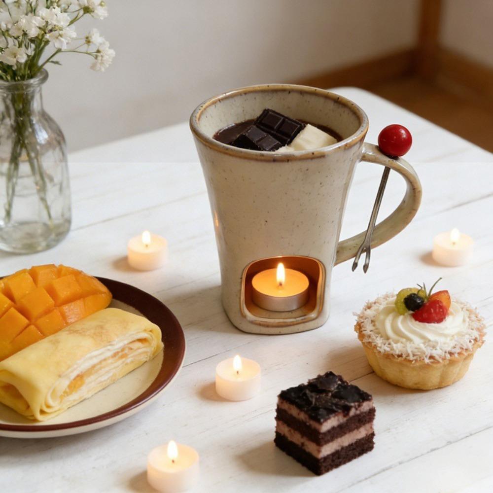 Ceramic Chocolate Fondue Mug with Fork Cheese Melting Pot Practical Butter Warmer Pot Party