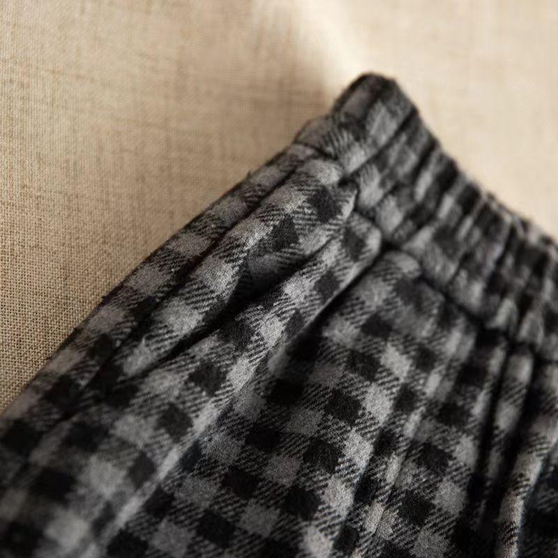 Women's Autumn Winter Thickened Retro Black Grey Plaid Wool Midi Skirt Elastic Waist Versatile A-Line Skirt
