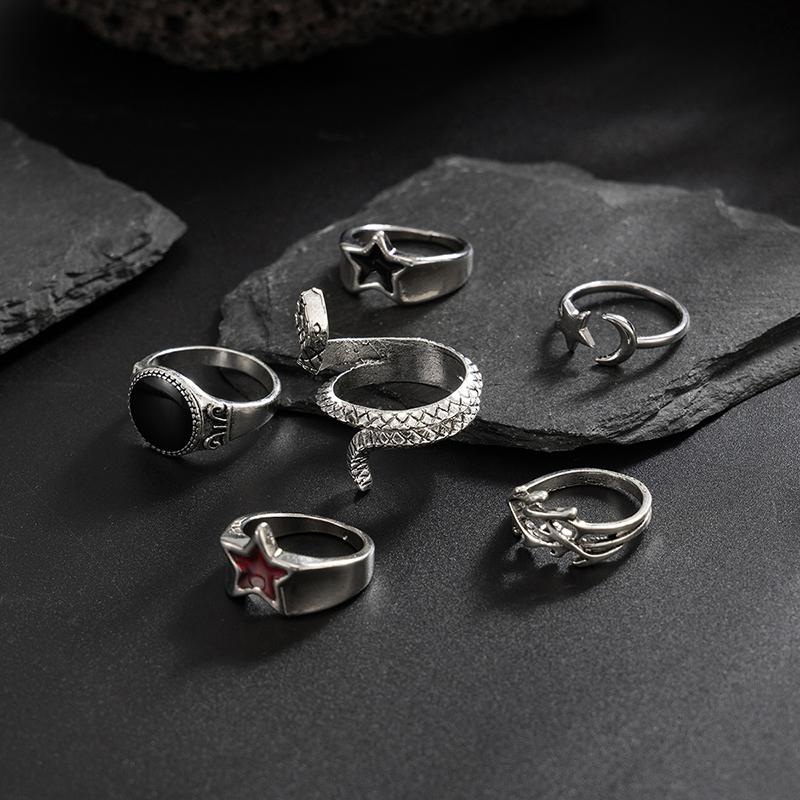 6Pcs/Set Fashion Creative Irregular Snake Stars Open Rings For Men Goth Adjustable Knuckle Ring Jewelry