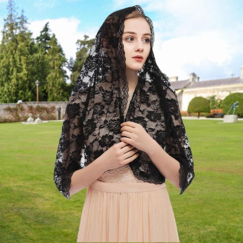 Breathable Wedding Lace Shawl Lace Trim Mantilla Headwear Scarf Veil Prayer Shawl for Woman