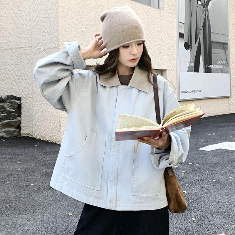 Vintage Contrast Corduroy Lapel Short Coat, 2025 Korean Style, Youthful Small Size Jacket
