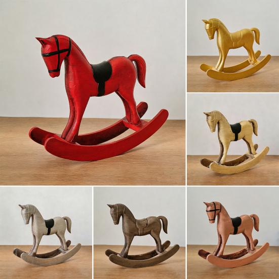 Wooden Rocking Horse Figurine Vintage Horse Statue Sculpture Home Office Living Room Bookshelf Desktop Decoration Ornament
