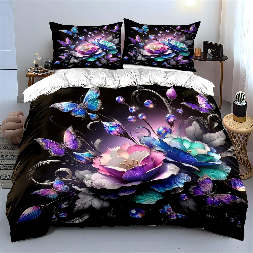 Elegant Floral And Butterfly Trio Ideal For Home Decor, Kid'S And Adults' Bedroom Decor,Exquisite Three-Piece Bedding Set Gift