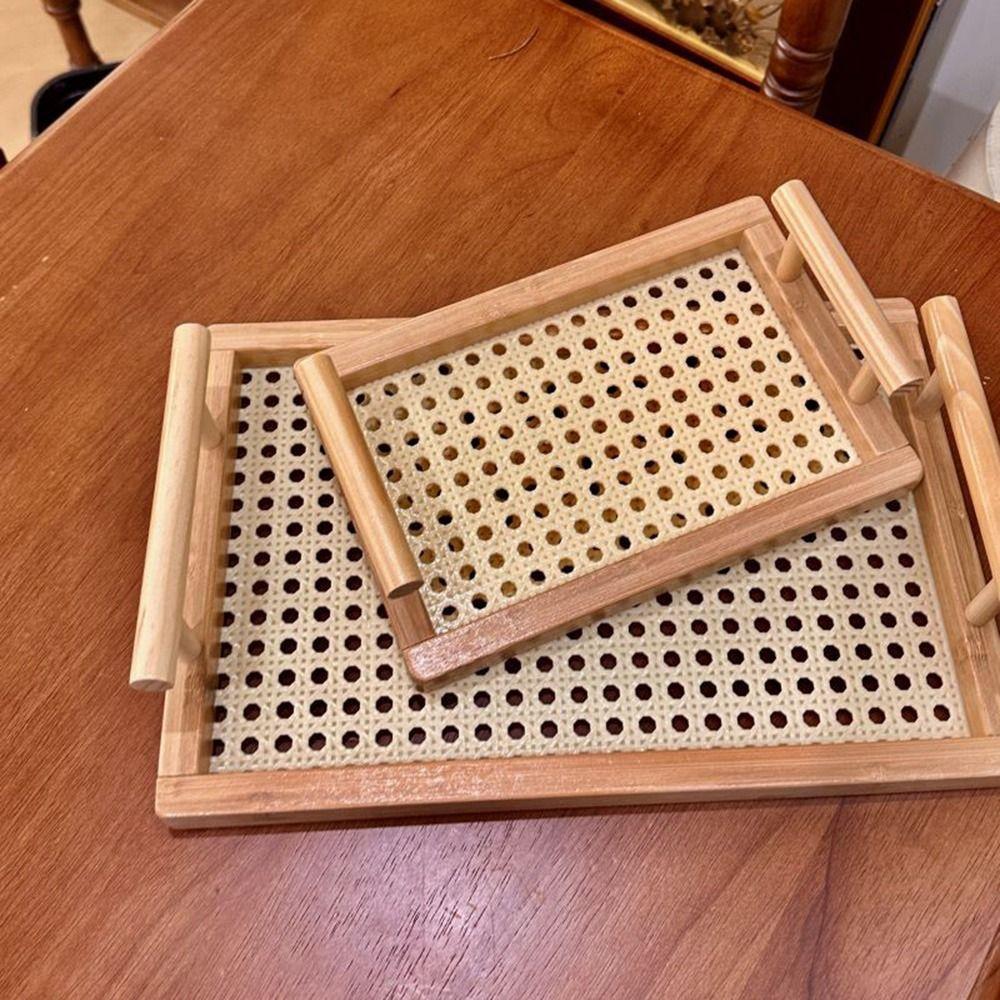 Decorative Serving Tray with Handles Hollow Woven Wooden Basket Kitchen Fruit Platter Office