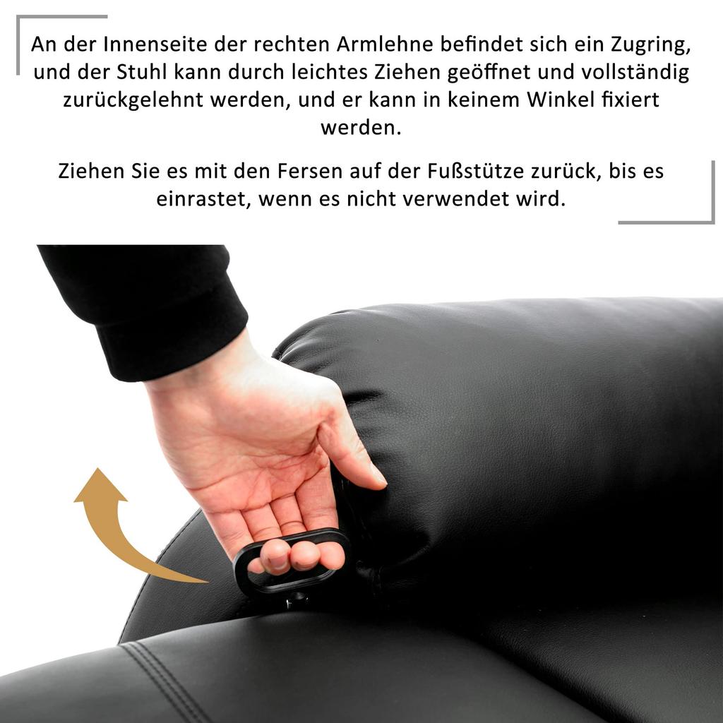 Recliner 130° Tiltable, Single Sofa Leg Rest, Pull-out Recliner PU Leather Armchair, Reclining Chair Side Pocket, Living Room, Black
