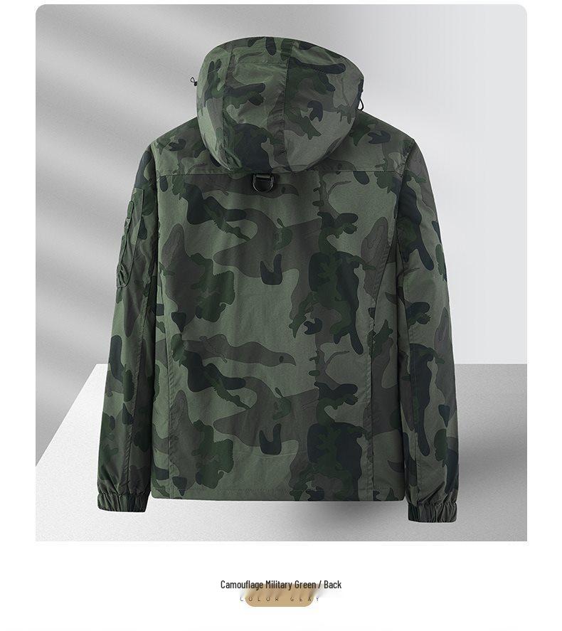 Men's Camouflage Workwear Jacket with Detachable Hood, Windbreaker for Spring/Autumn, Fashionable Loose Fit, Large Pockets