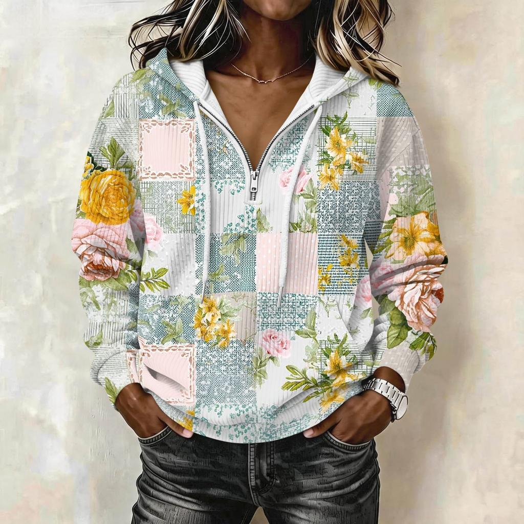 Women's Long Sleeve Patchwork Print Hoodie with for Casual Wear