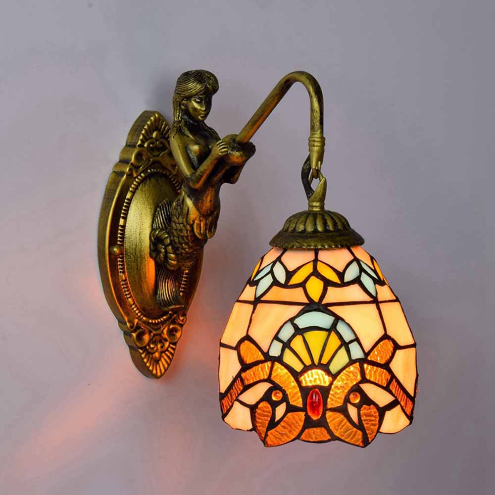 European Stained Glass Mermaid Wall Lamp Bedroom Bedside Lamp Retro Creative Dining Room Balcony Aisle Staircase Light