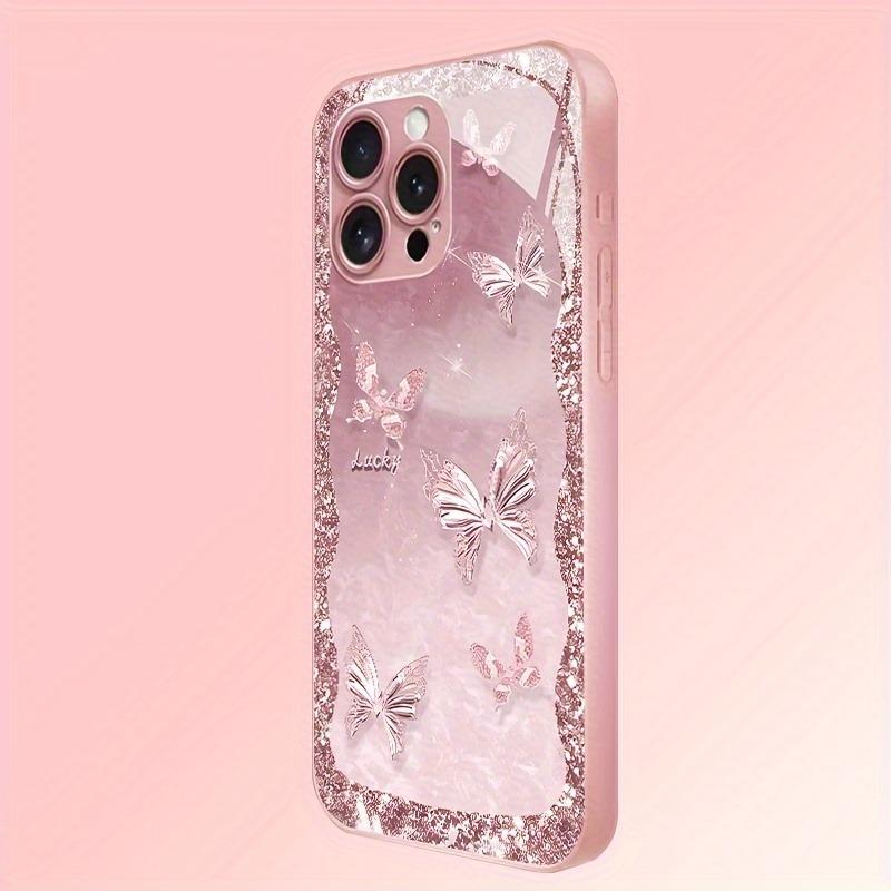 Glücksschmetterlingsmuster Rosa Metallic Gehärtetes Glas Handyhülle Für iPhone 17 16 15 14 13 12 11 Pro Max 15 Plus 17 Air 16E Hülle