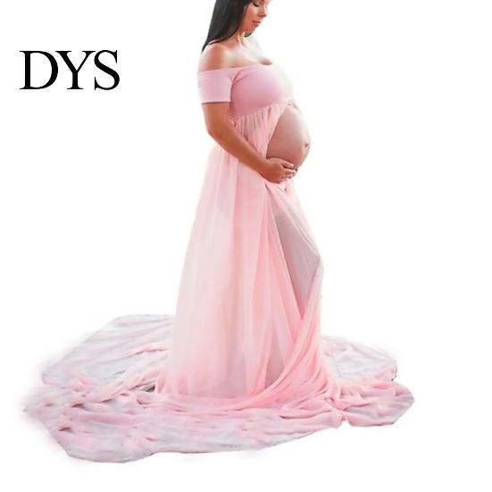 Pregnant Women Dress Solid Color Front Slit Leisure Wear Off Shoulder Floor-Length Princess Photo Props