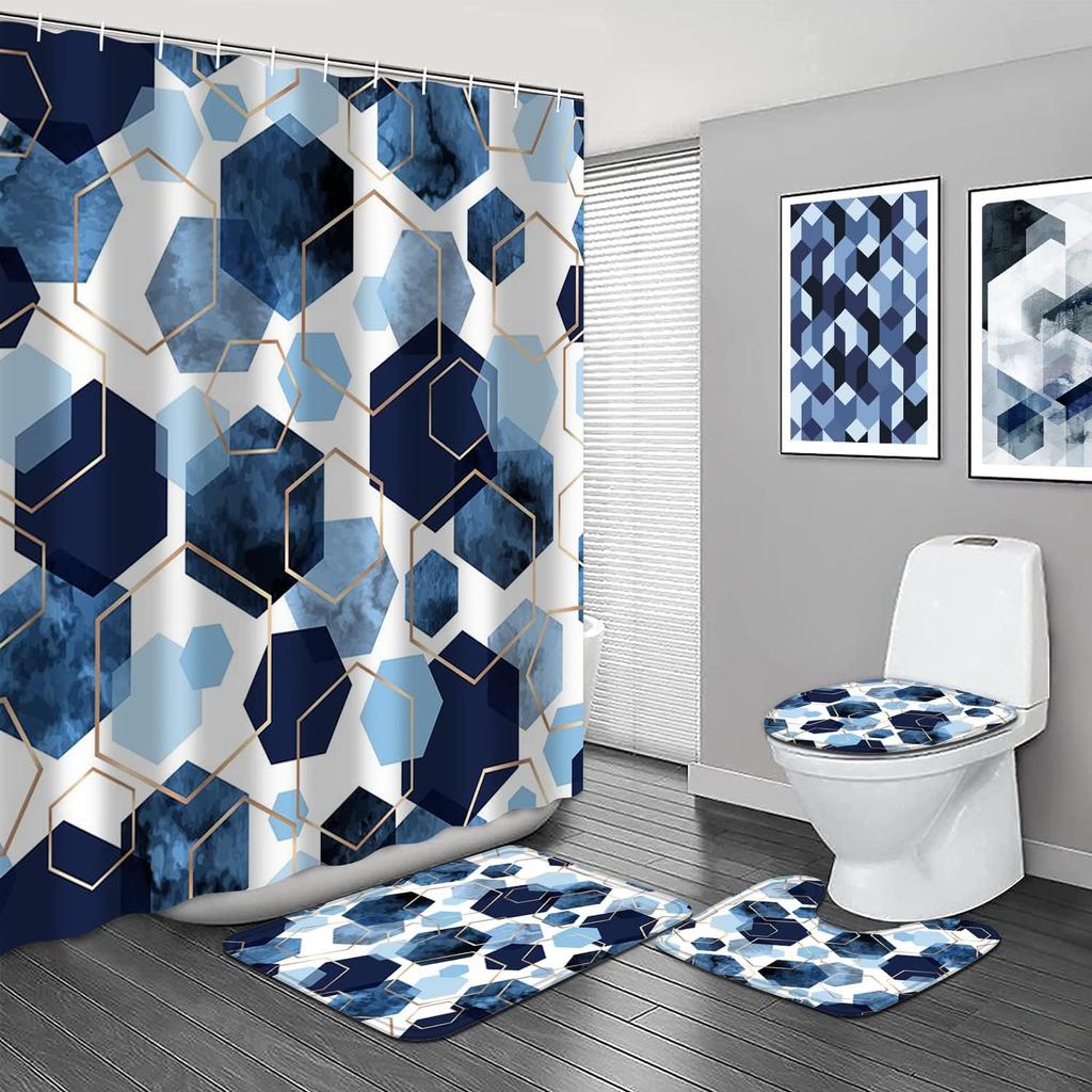 4Pcs Black Marble Shower Curtain Sets with Rugs Gold Bathroom Sets with Shower Curtain and Toilet Lid Cover Modern Bathroom Deco