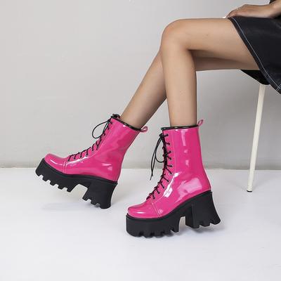 Women Short Goth Boots High Chunky Heels Lace-up Round Toe Platform Gothic Shoes Rose Red