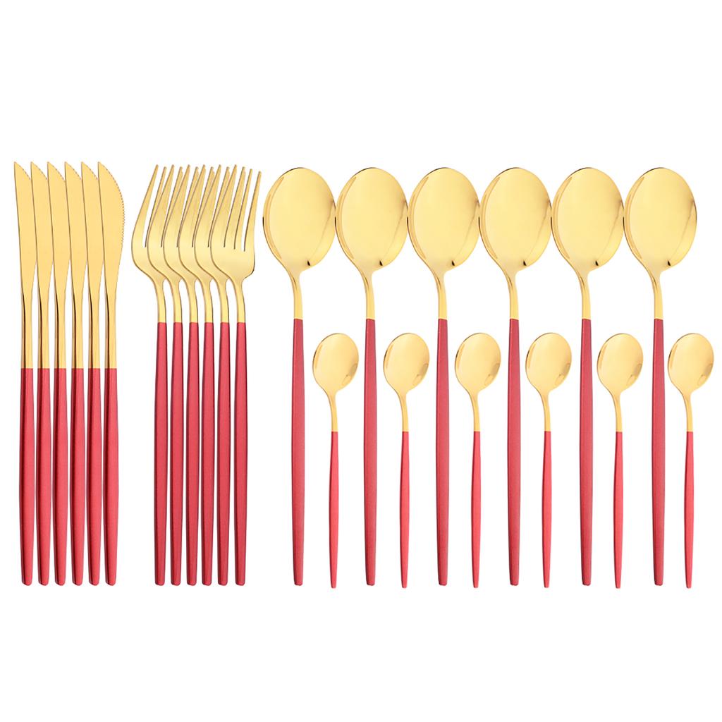 JANKNG 24pcs Tableware For 6 Red Gold Mirror Dinnerware Set Stainless Steel Cutlery Set Include Knife Fork Spoon Teaspoon