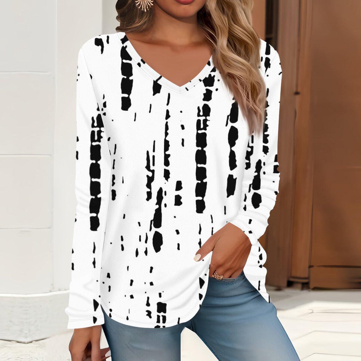 

2023 весна и осень новая мода с длинным рукавом повседневная футболка с v-образным вырезом и принтом