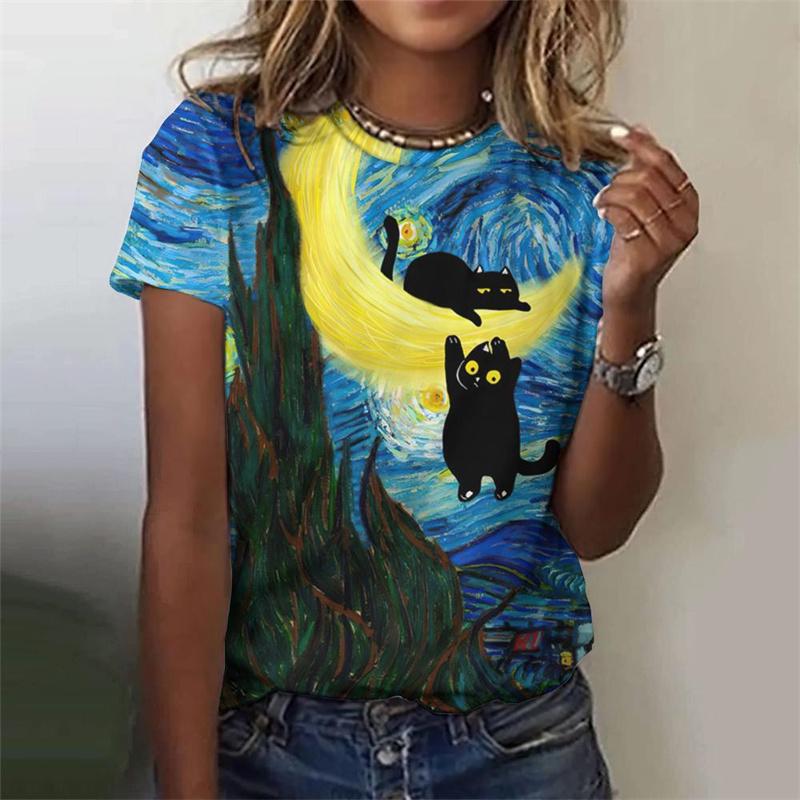 Funny Flower Cat Pattern T-Shirt For Women Plant Animal 3D Printed T Shirts Summer Fashion Street Tees Short Sleeves O-Neck Tops