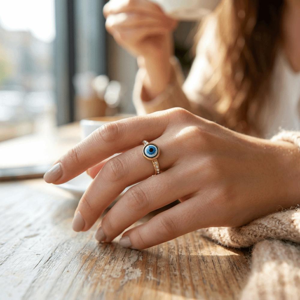Versatile Use Blue Eye Ring Simple Style Rhinestone-Studded Ring Titanium Steel Ring Gift
