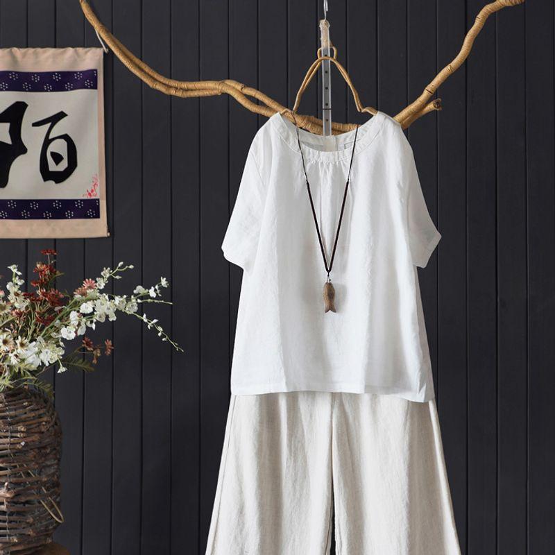 

Художественная универсальная футболка с круглым вырезом и коротким рукавом из льна, топ для женщин, свободный однотонный пуловер, летний топ с подкладкой и подрубленным краем