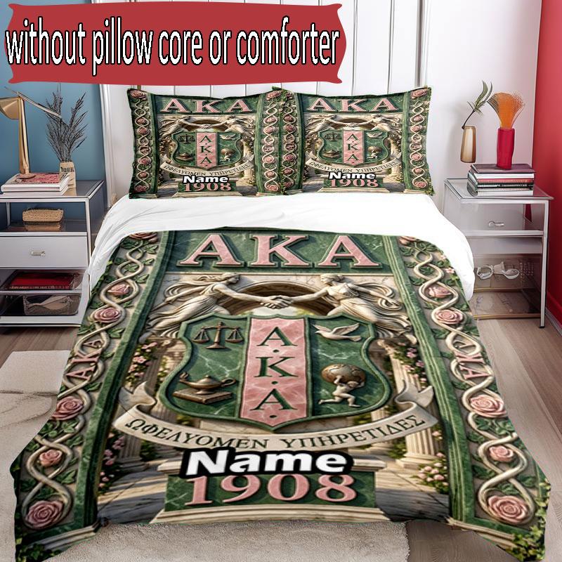 3pcs Duvet Cover Set (1*Duvet Cover + 2*Pillowcase, Without Core), Custom Name Alpha Kappa Alpha Pattern Bedding Set, Home Bedroom Decor Gift