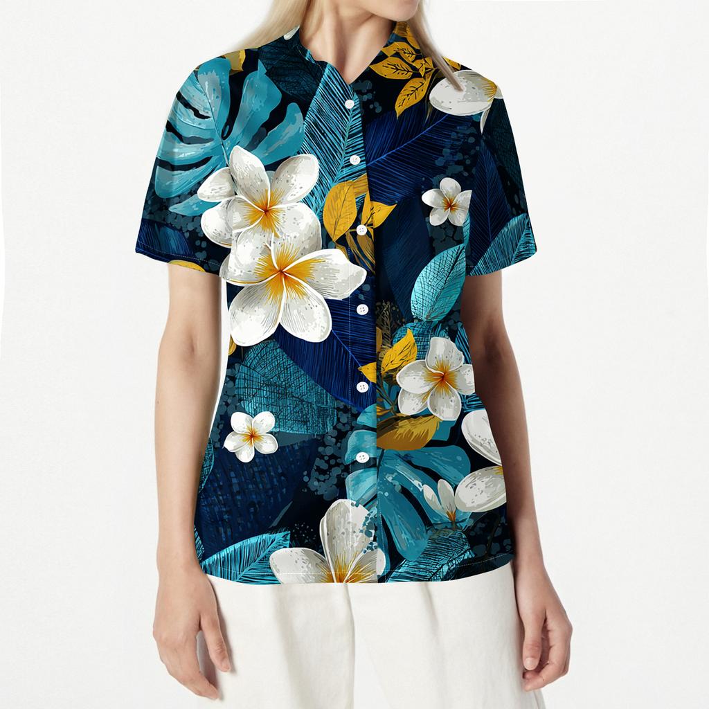 Women's fashionable casual Hawaiian print short-sleeved button-down collar shirt top