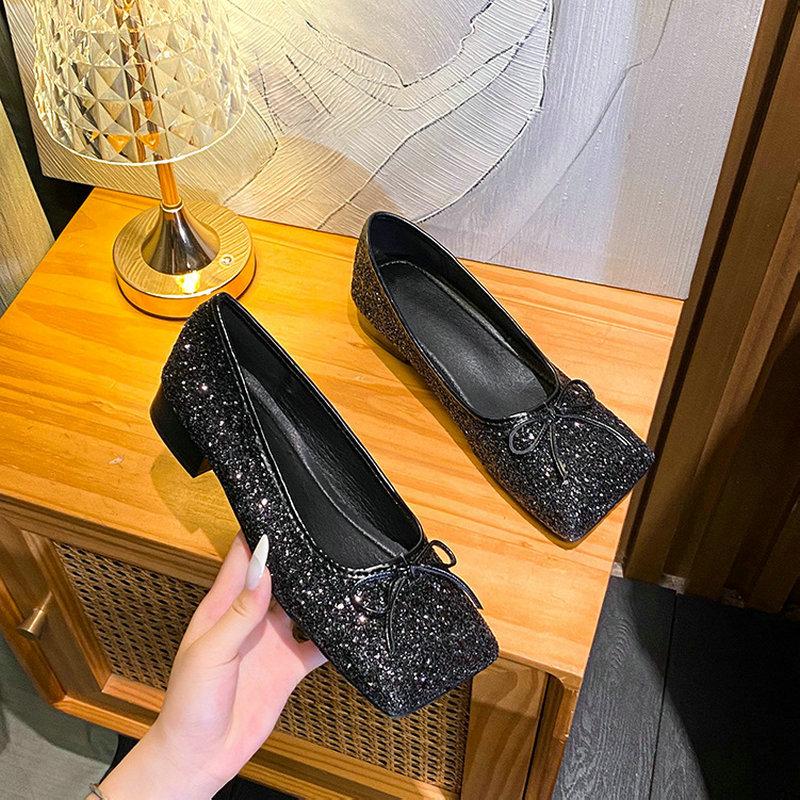 Fashion Super Shiny Square Toe Mary Jane Women'S Shoes 2025 Bow Silver Single Shoes Women'S Flat Versatile Single Shoes